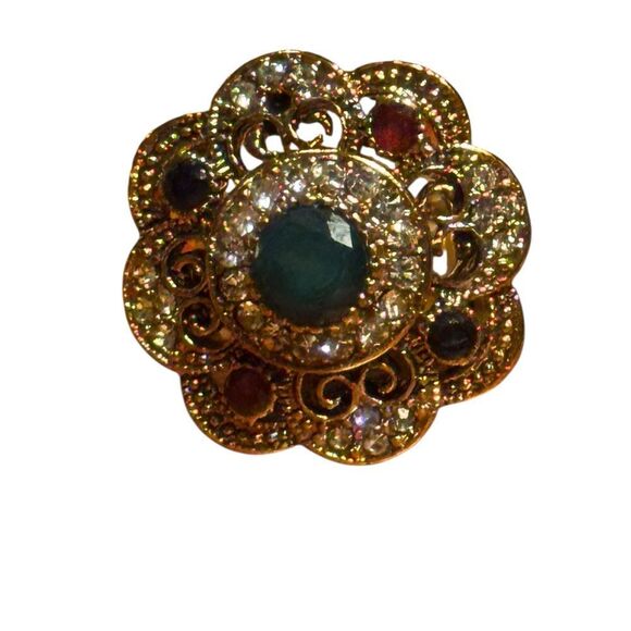 Fashion jewelry Gold tone and Green round center stone Statement Ring size8 - Picture 1 of 6